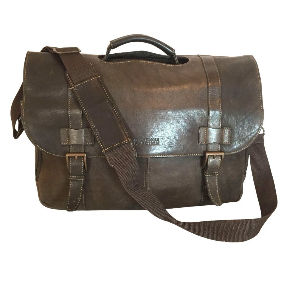 KENNETH COLE Mens Messanger PC Bag Brown Leather Magnetic Close 16 X 12
